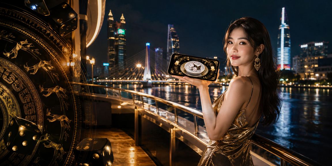 Cảnh sòng bạc và cá cược trực tuyến đặc trưng tại Việt Nam với ánh đèn sặc sỡ